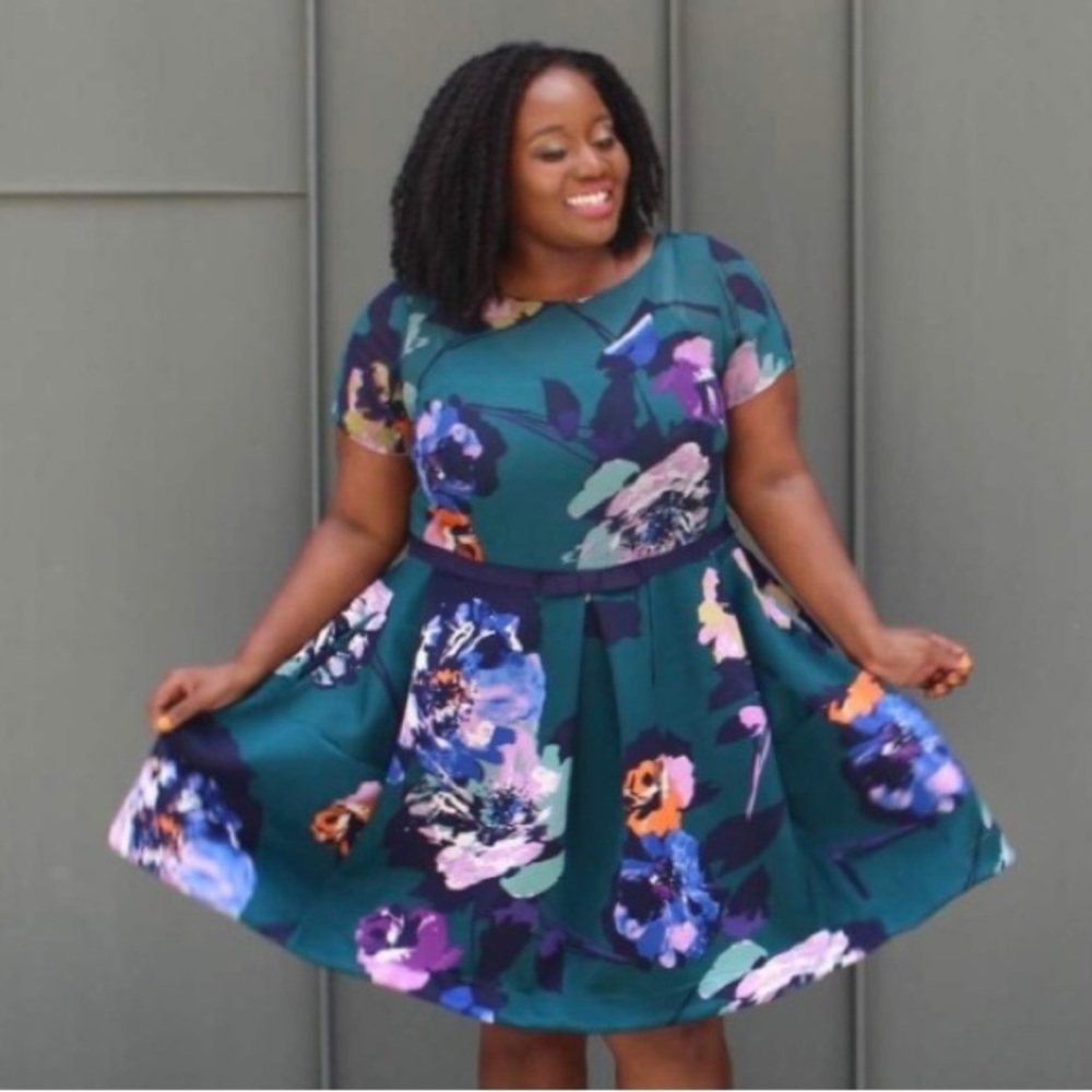 Taylor teal a-line dress with abstract floral print and sheer illusion neckline